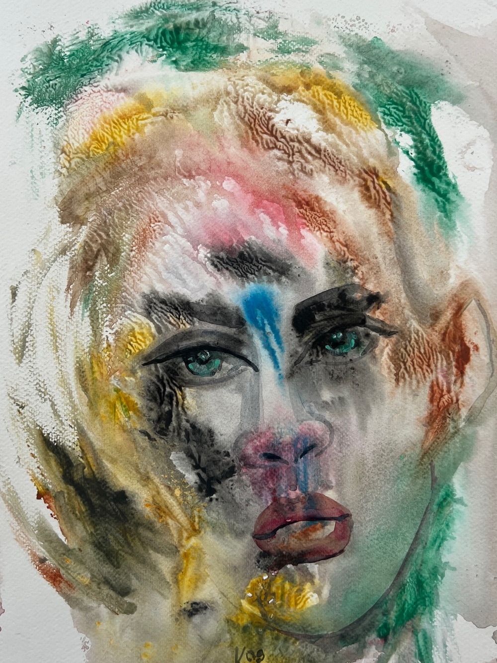 Abstract Watercolor Portrait Art original in Green, Yellow, Pink